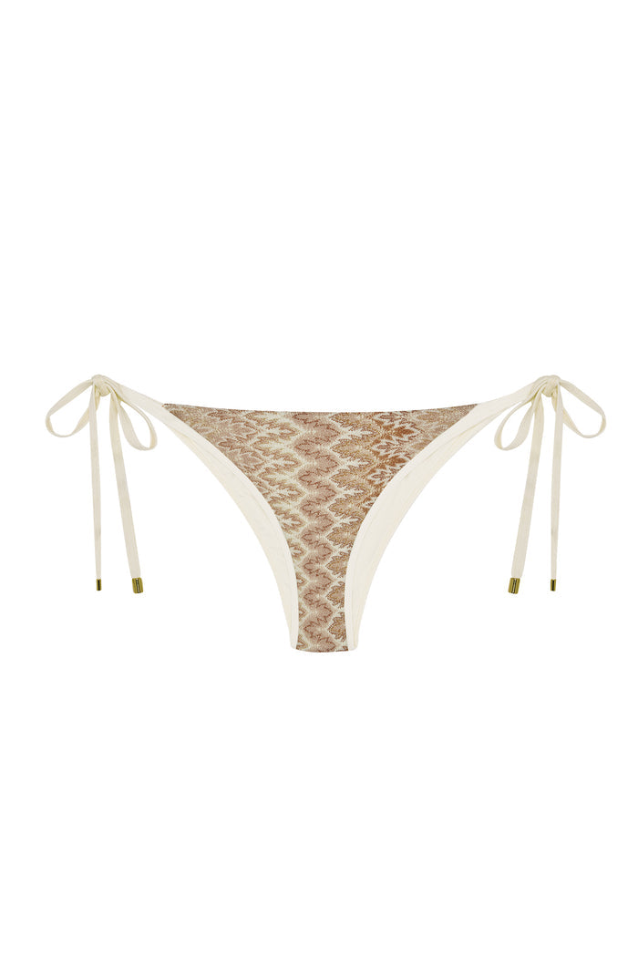 Front view of Le Marais bottom in Porto Cervo Gold with metallic gold colorblock front and tie-side straps on white background