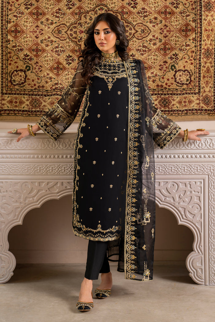 Naqshi leena black organza straight shirt with stylized keyhole neckline and pure adda-embellished motif spread paired with PK raw-silk pants and embroidered dupatta.