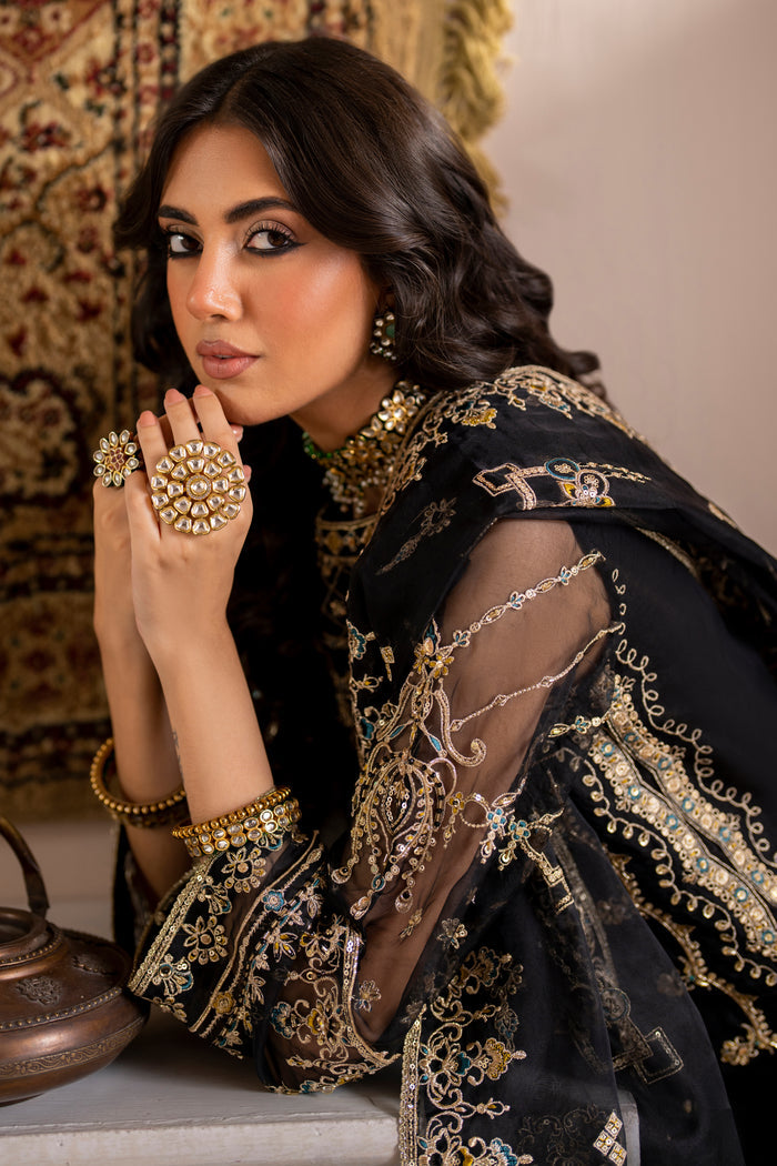 naqshi leena organza dupatta draped to reveal lengthwise two-sided embroidery border, mid-motif spread and lace finishing.