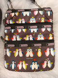 LeSportsac 3-Zip Crossbody Bag – Brown Nylon Penguin Design Adjustable Strap