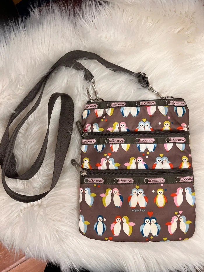 LeSportsac 3-Zip Crossbody Bag – Brown Nylon Penguin Design Adjustable Strap