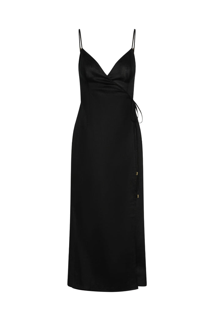 Front view of Levanzo black linen wrap maxi dress with V-neck, thin spaghetti straps and side tie on white background