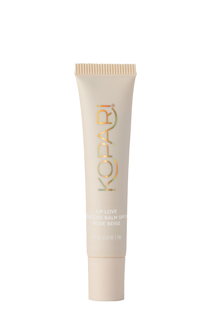 Front view of Lip Love Moisture Balm tube in Nude Beige showing Kopari logo and SPF 30 label on white background