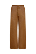 Front view of Low Rise Belize pant in caramel knit showing drawstring waist, wide legs, crochet texture on white background
