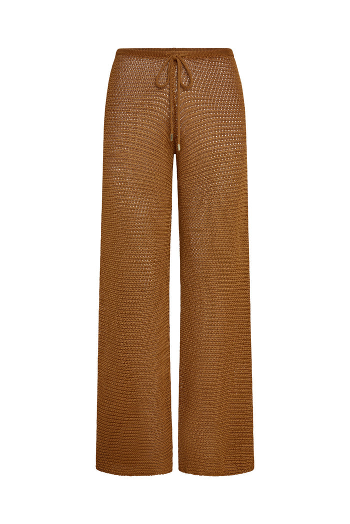 Front view of Low Rise Belize pant in caramel knit showing drawstring waist, wide legs, crochet texture on white background