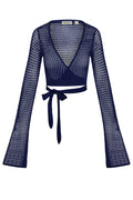 Front view of Madrid Wrap Top, midnight lace crochet; wrap tie, bell sleeves, open crochet knit on white background