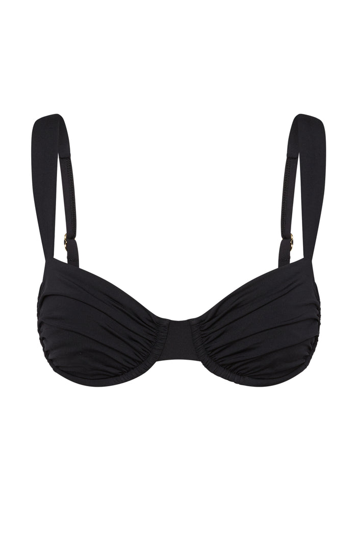 Front view of Malibu Top bikini top in black showcasing ruched cups, underwire support, and adjustable straps on a white background