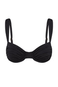 Front view of Malibu Top bikini top in black showcasing ruched cups, underwire support, and adjustable straps on a white background