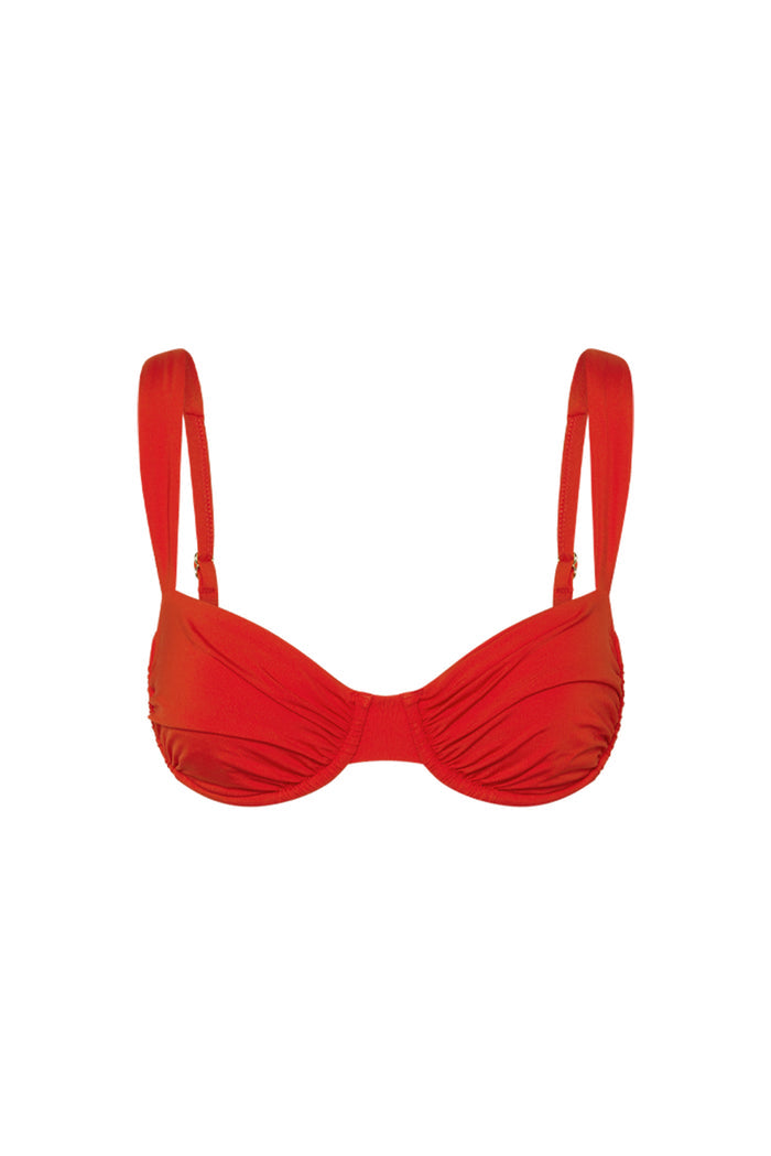 Front close-up of Malibu Top in Chili Pepper showing ruched underwire cups and adjustable shoulder straps on white background
