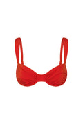 Front close-up of Malibu Top in Chili Pepper showing ruched underwire cups and adjustable shoulder straps on white background