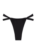 Front view of Malta Bottom in black showcasing high-cut silhouette and adjustable side ties on white background