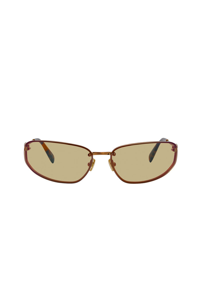 Front view of Malta sunglasses with bronze metal frame, brown gradient lenses, tortoise arms, and adjustable nose pads