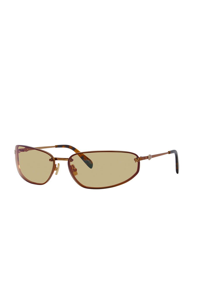 Angled front view of Malta sunglasses in bronze frame with brown gradient lenses, adjustable nose pads, tortoise temples on white