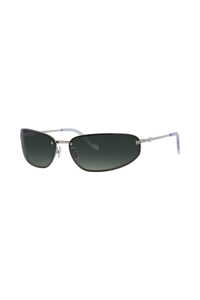 Front view of Malta Sunglasses in silver with black gradient lenses, adjustable nose pads and visible M logo on white