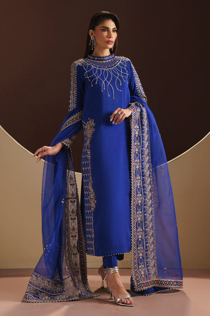 NAQSHI Manvi royal blue raw silk shirt with motif embroidery on front panel