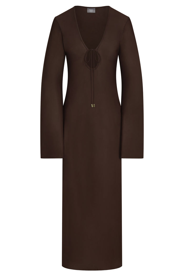 Front view of Marabella Kaftan in Espresso Tissue Jersey showing deep V-neck, front tie with gold-tipped drawstrings, long sleeves on white background