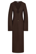 Front view of Marabella Kaftan in Espresso Tissue Jersey showing deep V-neck, front tie with gold-tipped drawstrings, long sleeves on white background