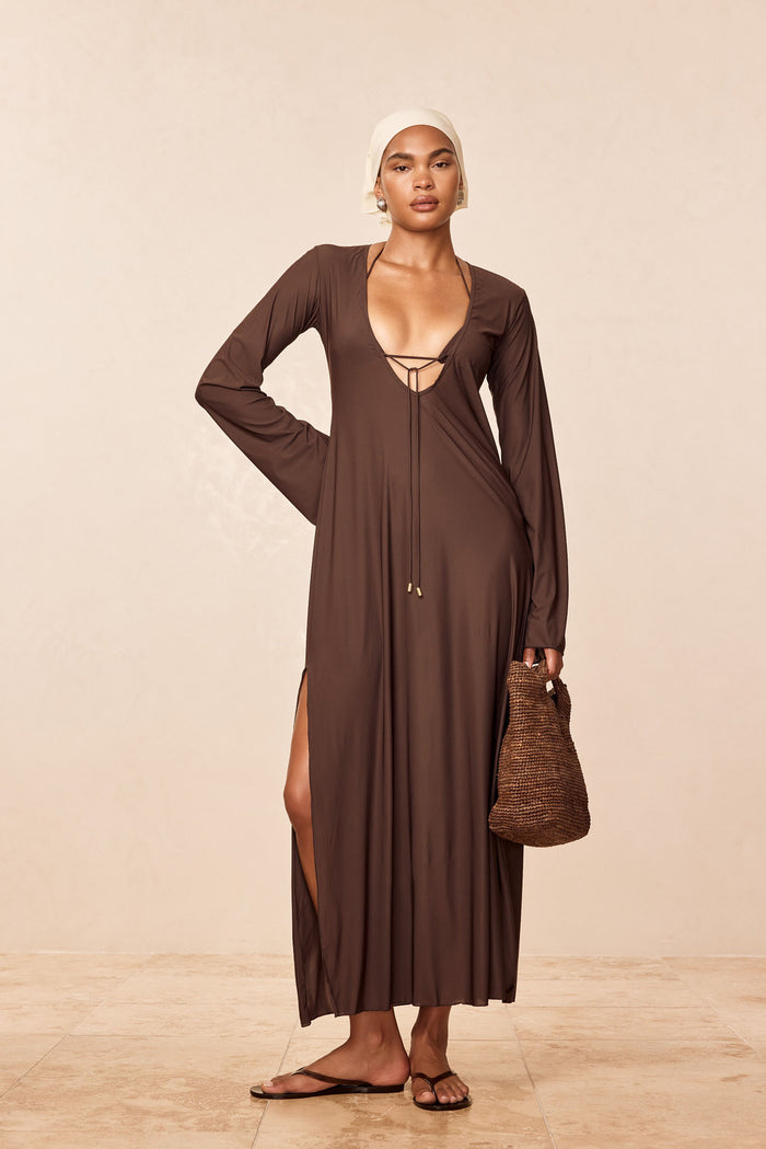 Front view of Marabella Kaftan in Espresso Tissue Jersey showing deep V-neck with front ties, long sleeves and high side slit