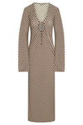 Front view of Marabella Kaftan in husk geo print showcasing V-neck with tie detail and long sleeves on white background