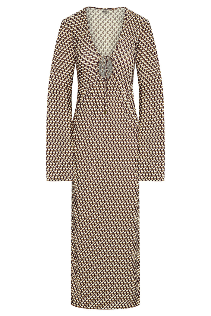 Front view of Marabella Kaftan in husk geo print showcasing V-neck with tie detail and long sleeves on white background