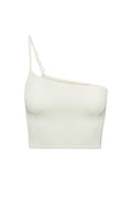 Front close up of Marina Del Rey Knitwear Top White Rib showcasing one shoulder crop silhouette, adjustable shoulder strap and ribbed knit on white background