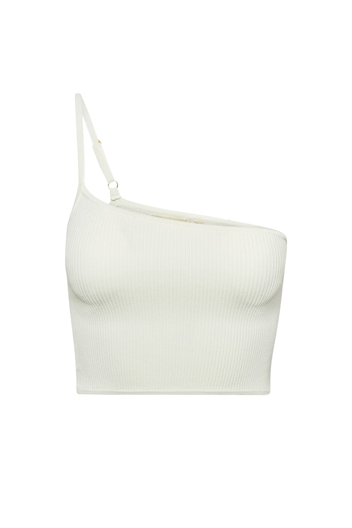 Front close up of Marina Del Rey Knitwear Top White Rib showcasing one shoulder crop silhouette, adjustable shoulder strap and ribbed knit on white background