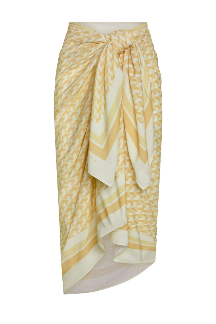 Front view of Marina Piccola sarong in Ivory Geo, front knot tie, geometric print, asymmetrical hem on white background