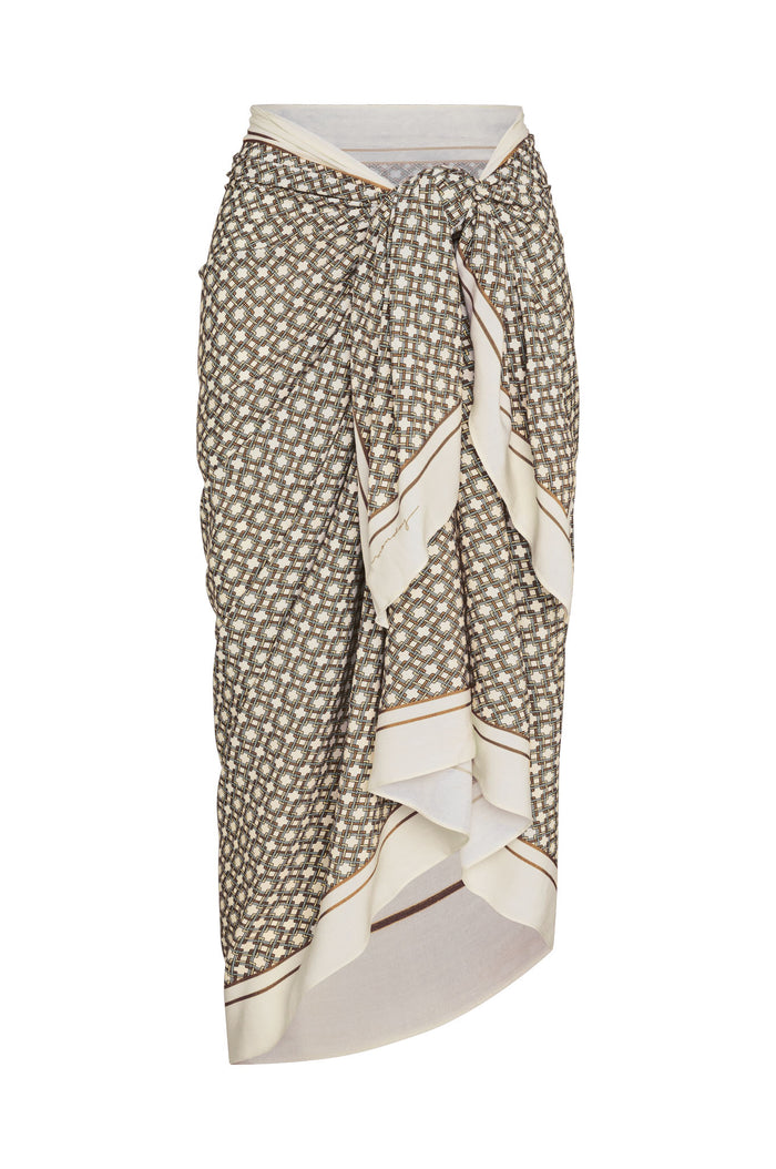 Front view of Marina Piccola sarong in Tile Geo print with knotted front tie and ruffled asymmetrical hem on white background