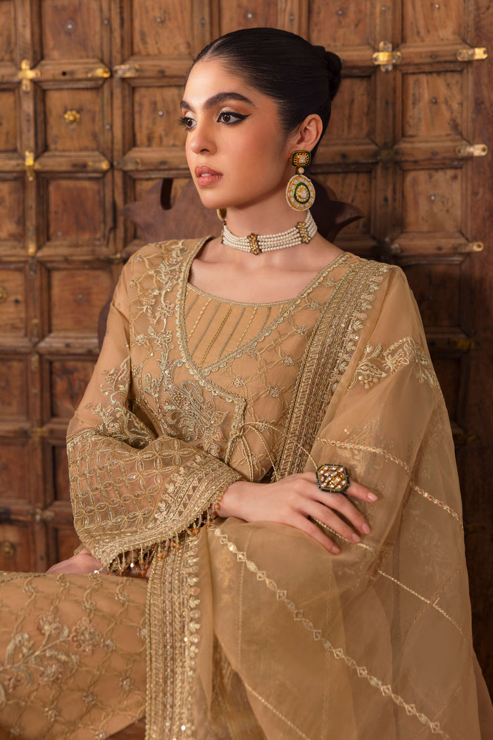 NAQSHI Marjaan organza dupatta draped fully showing lengthwise floral & line embroidery, sequin highlights, and two‑sided embroidered border with minimal lace edge.