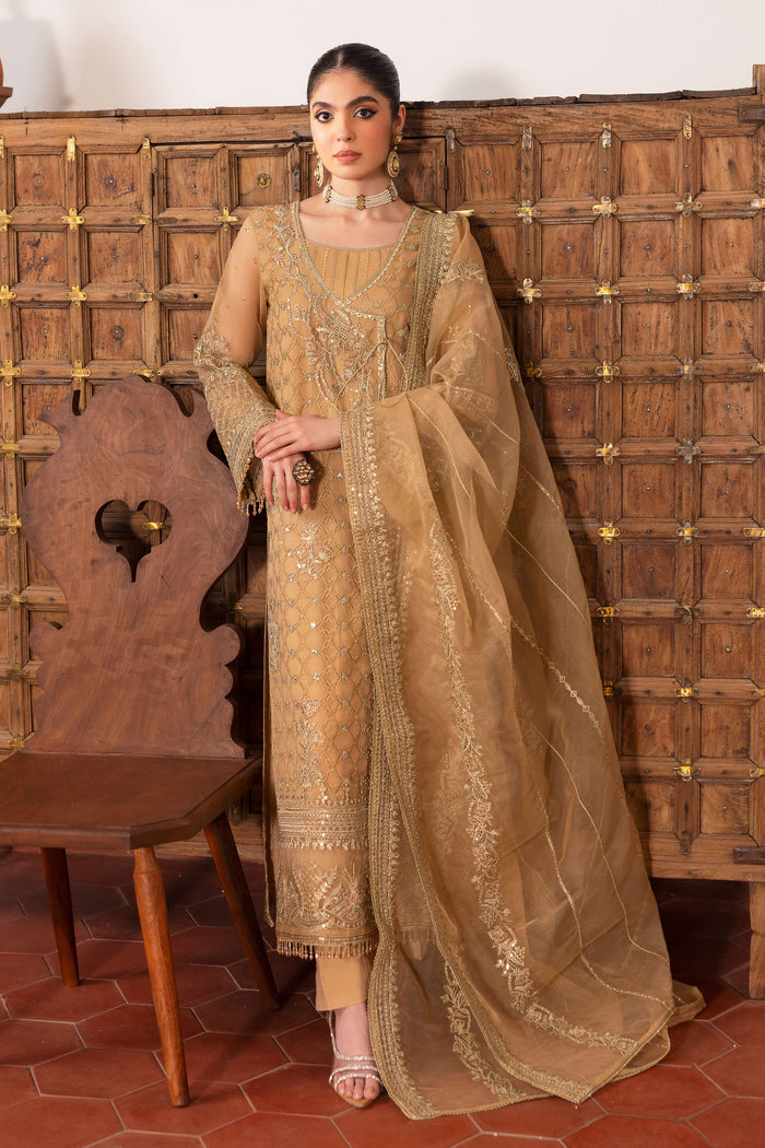 NAQSHI Marjaan showing full-length organza frock silhouette, floral-embroidered sleeves ending in crystal hangings and layered embroidery border.