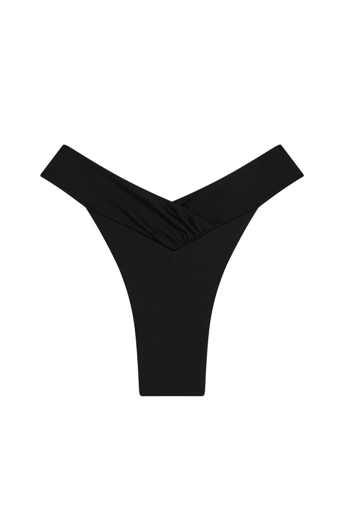 Black V-front high-cut thong swim bottom with crossover waistband