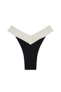High-cut black thong swimsuit bottom with folded cream V-shaped waistband