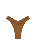 Front view of Marseille bikini bottom in caramel with crossover V waistband, ruched center and high-cut leg