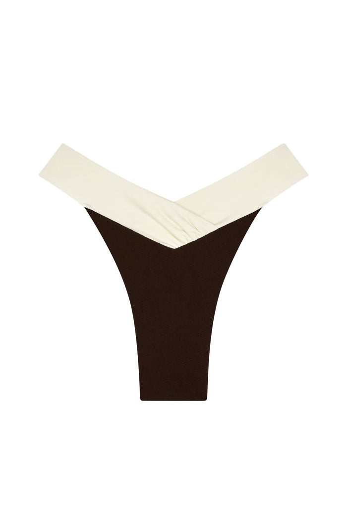 Front flat lay of Marseille Bottom in espresso and ivory showcasing shirred V-front color block waist and high-leg cheeky cut