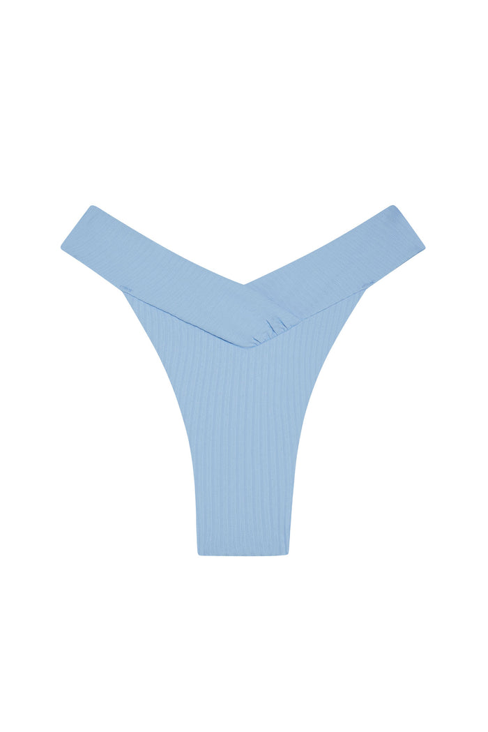 Front view of Marseille Bottom in Sky Rib showcasing V-front shirring, high-leg cut and ribbed texture on white background
