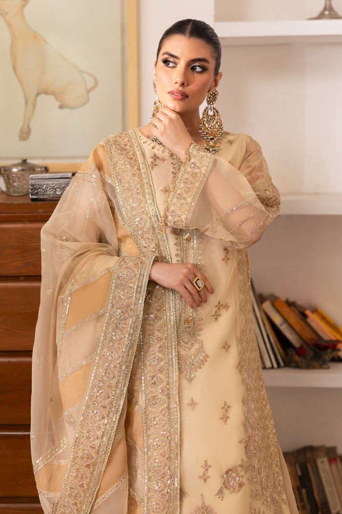 Side view of NAQSHI Marve showcasing the fluid organza panel of the straight shirt, embroidered sleeve ends, hem borders, and partial sharara silhouette.