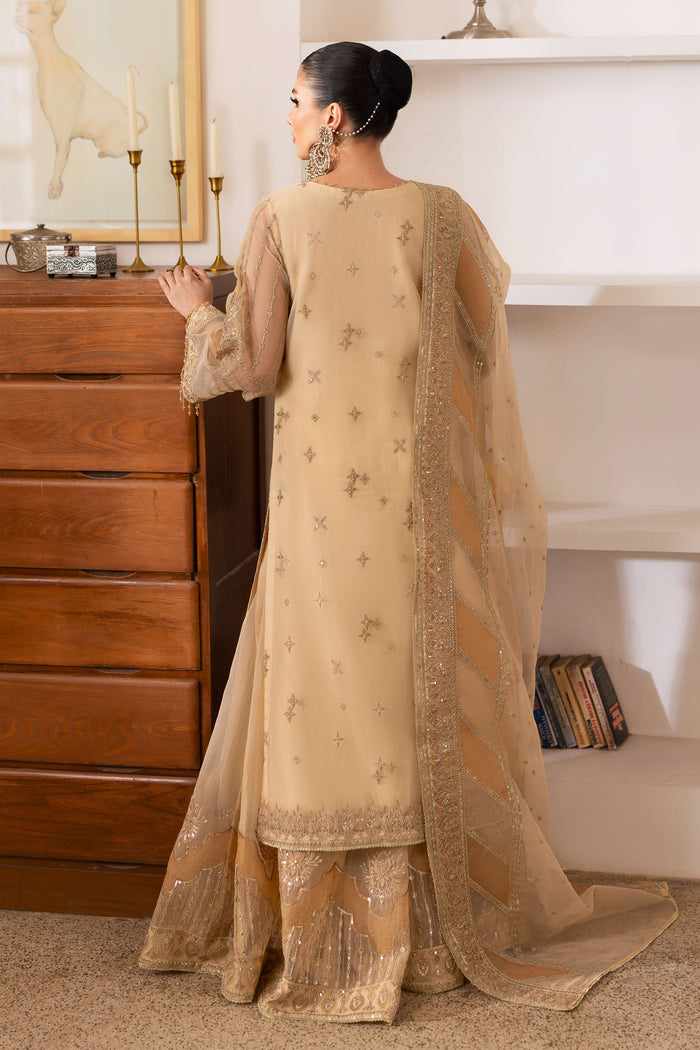 Close‑up of NAQSHI Marve floral‑sequin sharara showing intricate geometric and Islamic motif-inspired embroidery, sequin shine, and patchwork borders.