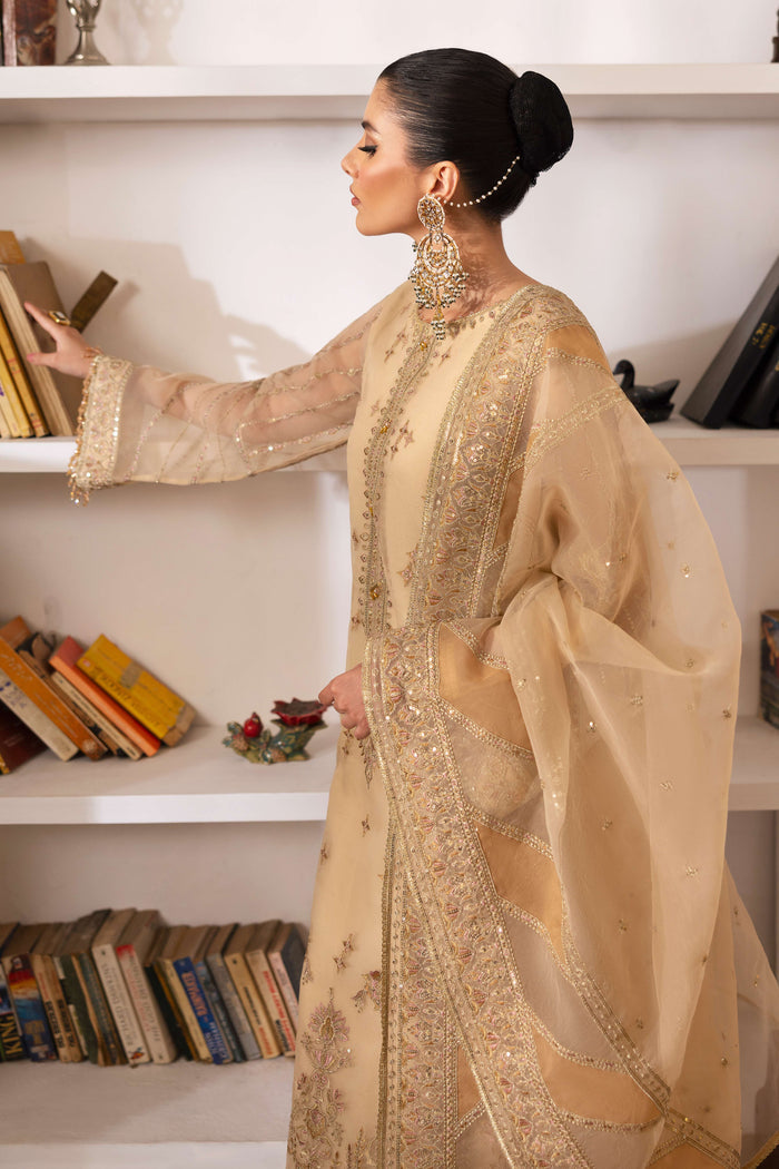 Detailed shot of NAQSHI Marve showing shirt's embroidered hem and sleeve borders, hanging crystal tassels on organza layers and subtle sequin accents.