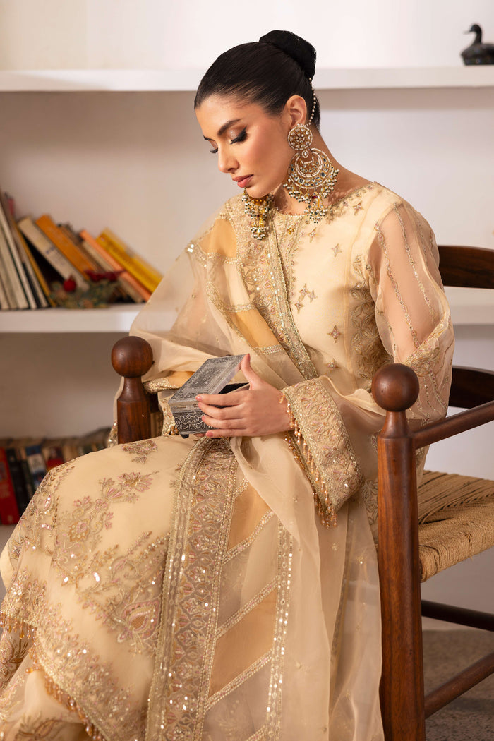 Model wearing NAQSHI Marve seated, highlighting shirt’s embroidered neckline, crystal tassels, star motifs, contrasted by sharara and draped dupatta.