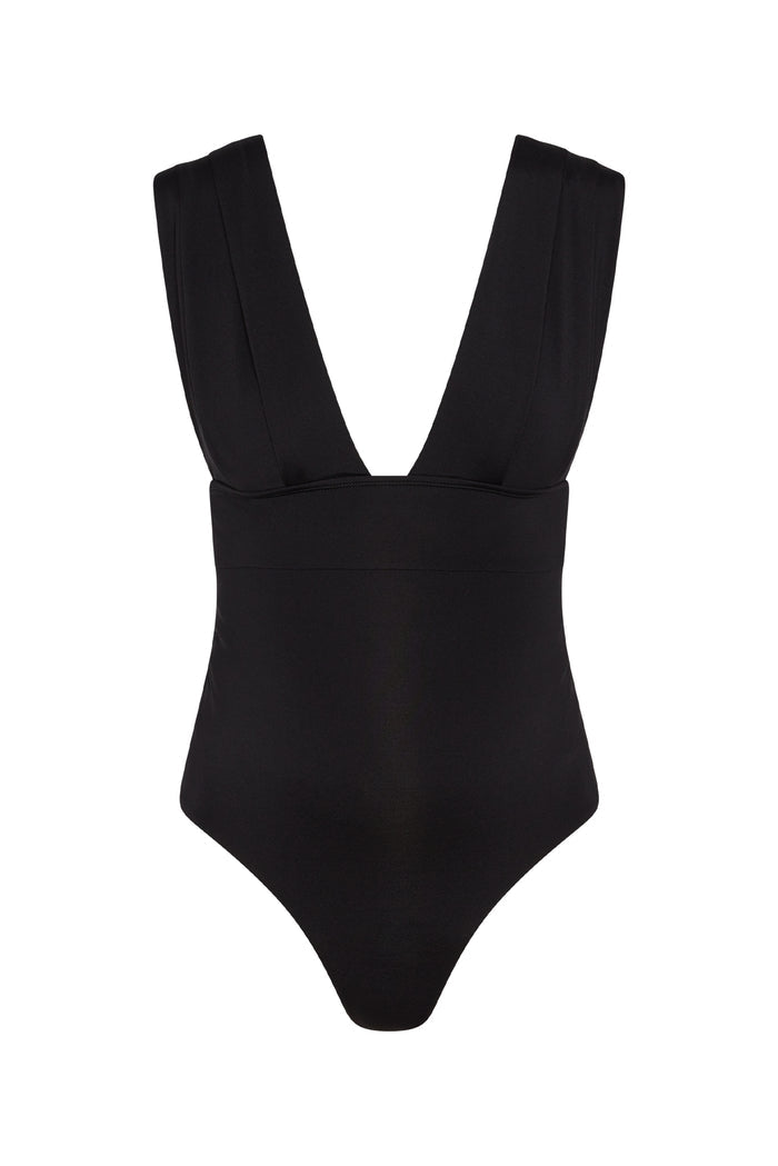Front view of Maternity Aruba One Piece in black showing deep V-neck, wide gathered straps, and belly support on white background