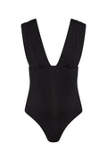 Front view of Maternity Aruba One Piece in black showing deep V-neck, wide gathered straps, and belly support on white background