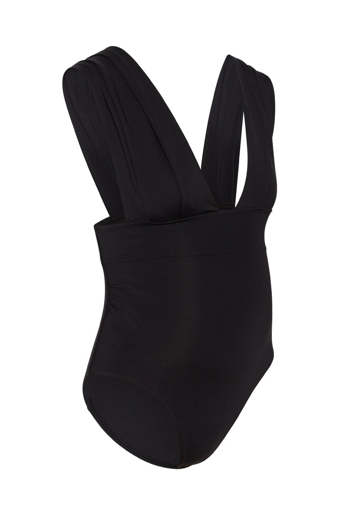 Close-up of Maternity Aruba One Piece in black showcasing deep V front, wide gathered shoulder straps and ruched belly support on white background