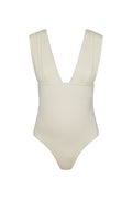 Close-up front view of Maternity Aruba One Piece in ivory showing deep V neckline, wide pleated straps and ruched tummy on white background