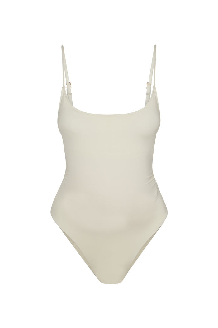 Front view of Maternity Bahamas one-piece swimsuit in ivory showing rounded neckline, adjustable thin straps, built-in bra and high-leg cut on white background