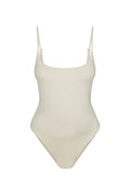 Front view of Maternity Bahamas one-piece swimsuit in ivory showing rounded neckline, adjustable thin straps, built-in bra and high-leg cut on white background
