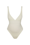 Front view of Maternity Portofino one-piece swimsuit in ivory showing deep V-neck, underbust band and maternity belly shaping on white background