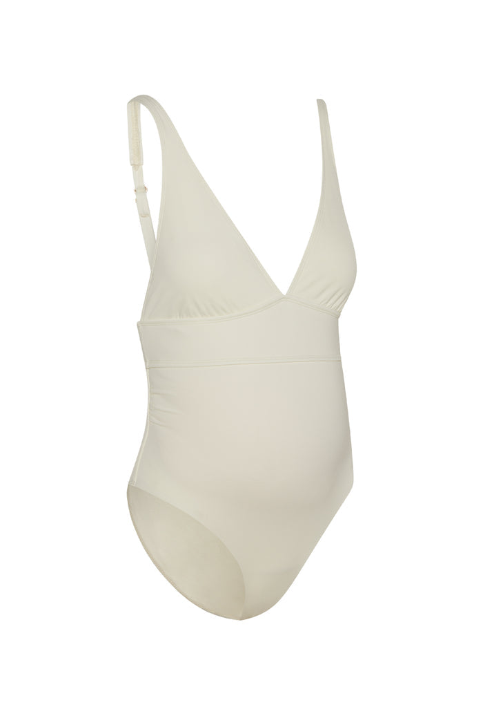 Front view of Maternity Portofino one-piece swimsuit, ivory, showing deep V-neck, adjustable straps and empire waist