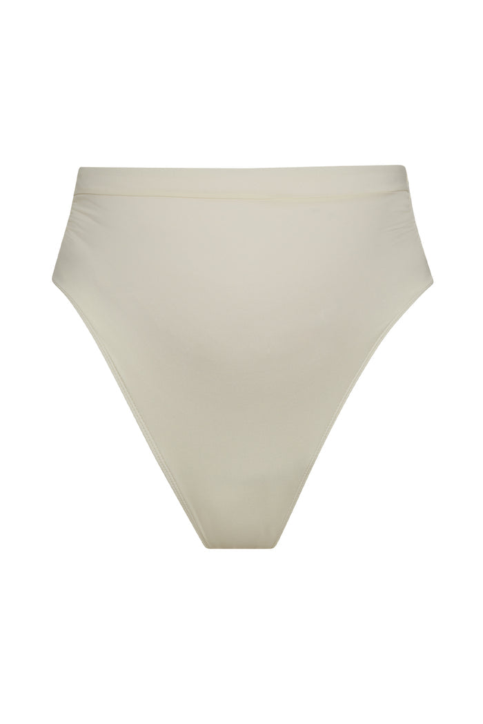 Front view of Maternity Riviera Bottom in Ivory showcasing high-waist fit, high-cut leg and subtle front shirring on white background