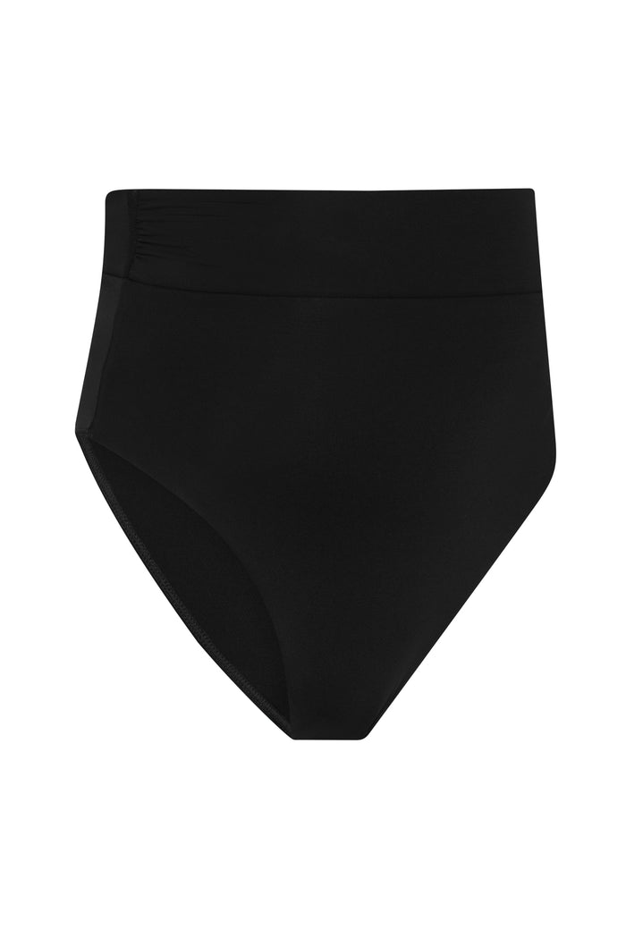 Black high-waist swimsuit bottoms on white background.