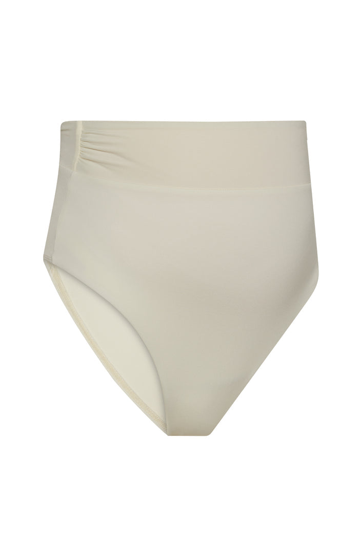 Front view of Maternity Sorrento swim bottom in ivory showcasing high waist and front shirring on white background